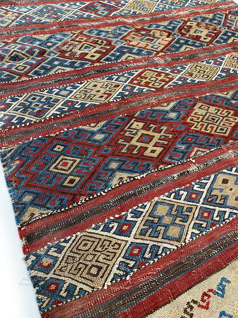 Bag face – wool, - flatweave - S E Anatolia - horizontal bands - hooked lozenge pattern. Some wear and damage commenserate with age. 151 x 92.5cm Image 1++